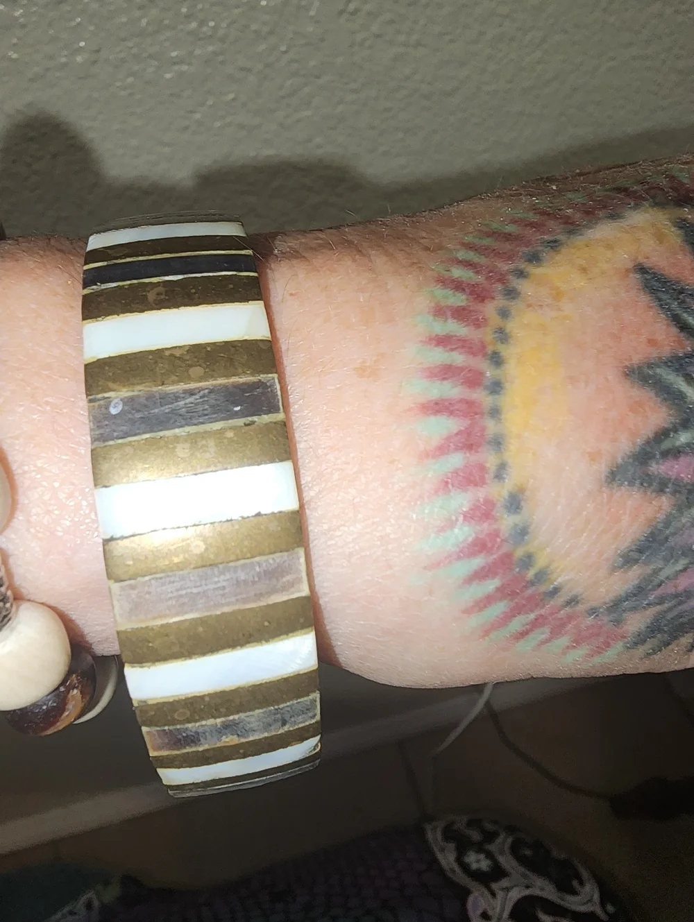 Vintage Mother Of Pearl And Brass Bangle Bracelet